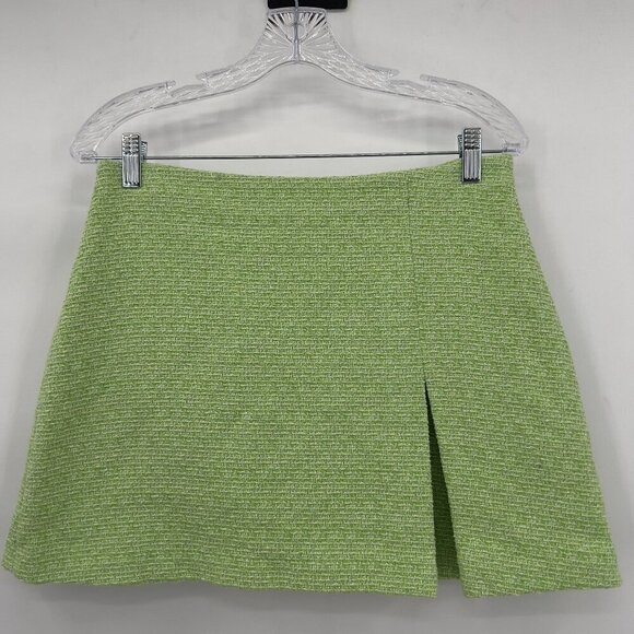 ZARA Green Tweed Cotton Front Slit Mini Skirt Women's M - Picture 1 of 7